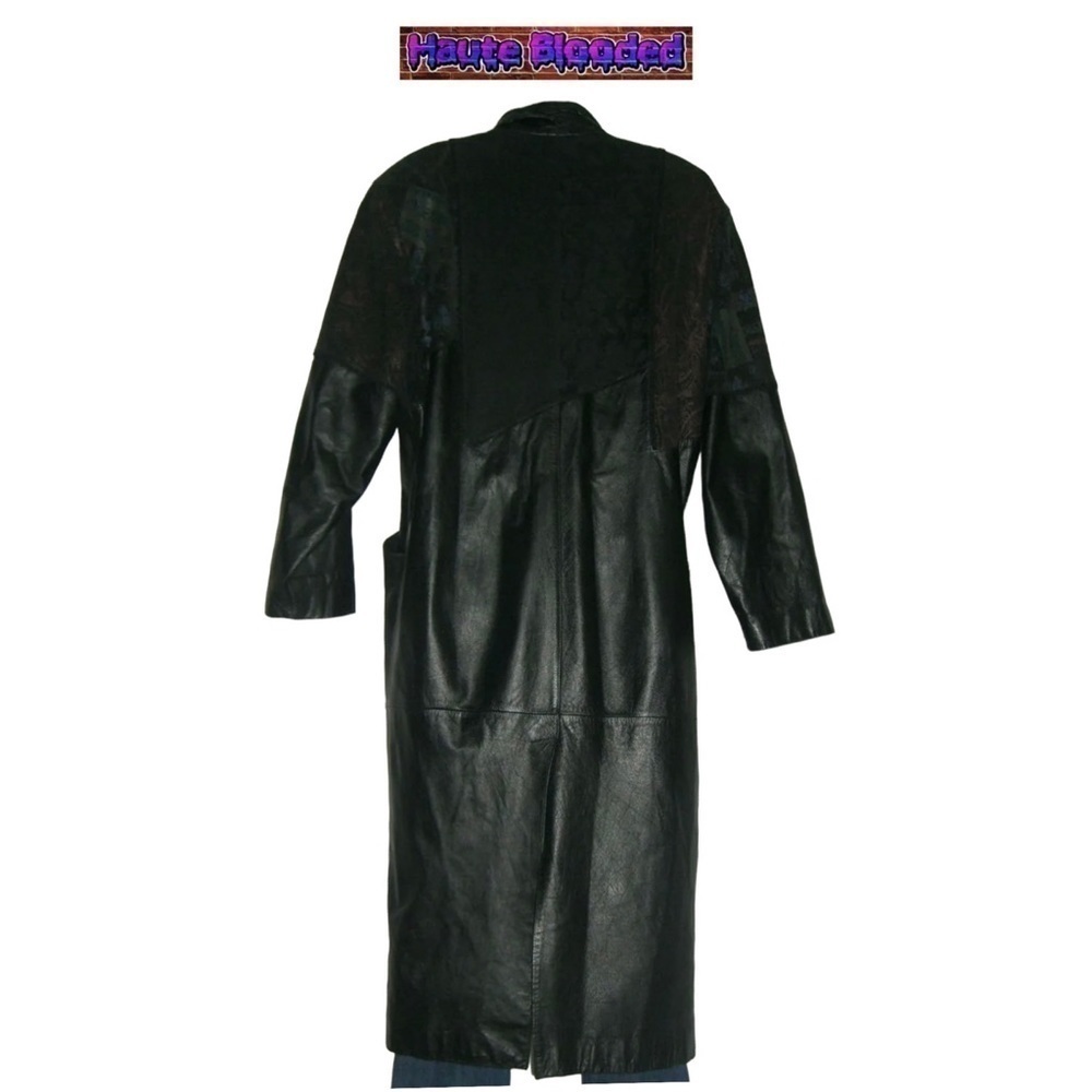 Vintage 90's Long Black Leather Trench Coat Holographic Boho Print Floor Length - Picture 7 of 15